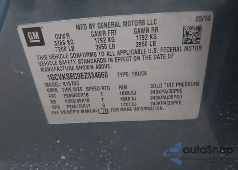 2014 Chevrolet Silverado 1500 2Lz z USA, uszkodzony, nr VIN 1GCVKSEC9EZ334660